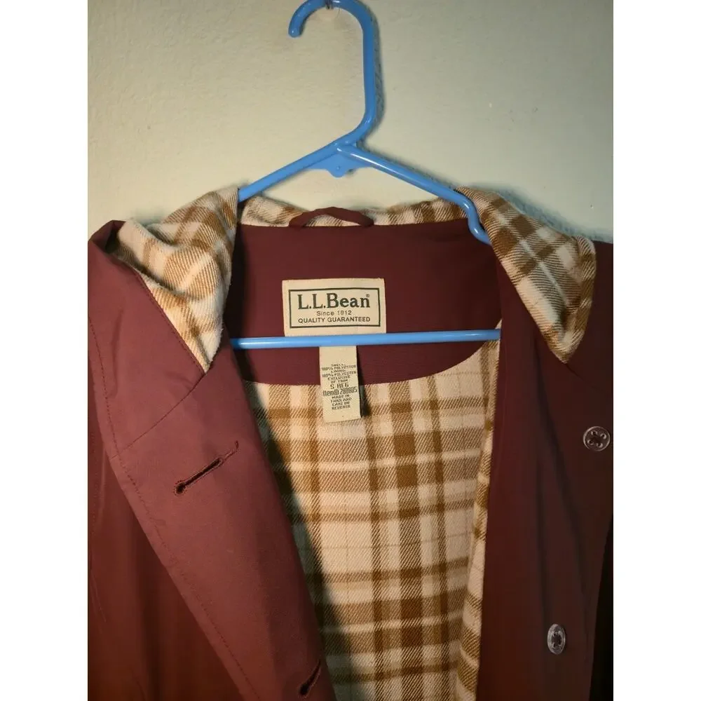 LL Bean Plaid Lined Hooded Rain Jacket Maroon Burgundy Coat Women's Size S Reg